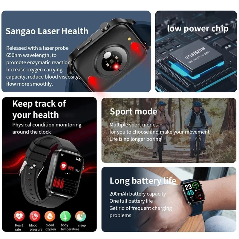 Blood Sugar Smart Watch Men Sangao Laser Treat Health Heart Rate Blood Pressure Sport Smartwatch Women Health Monitoring Watches