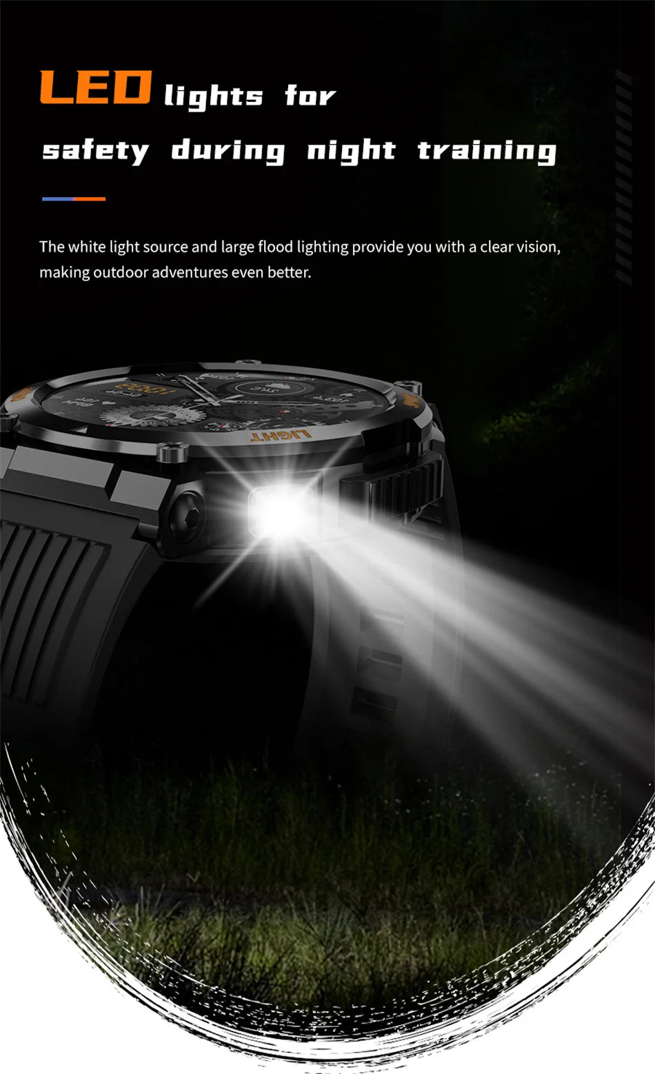 LED Flashlight Outdoor Sport Smartwatch Men Full Touch Screen Compass Waterproof Bluetooth Call Military SmartWatch Men 2024 New