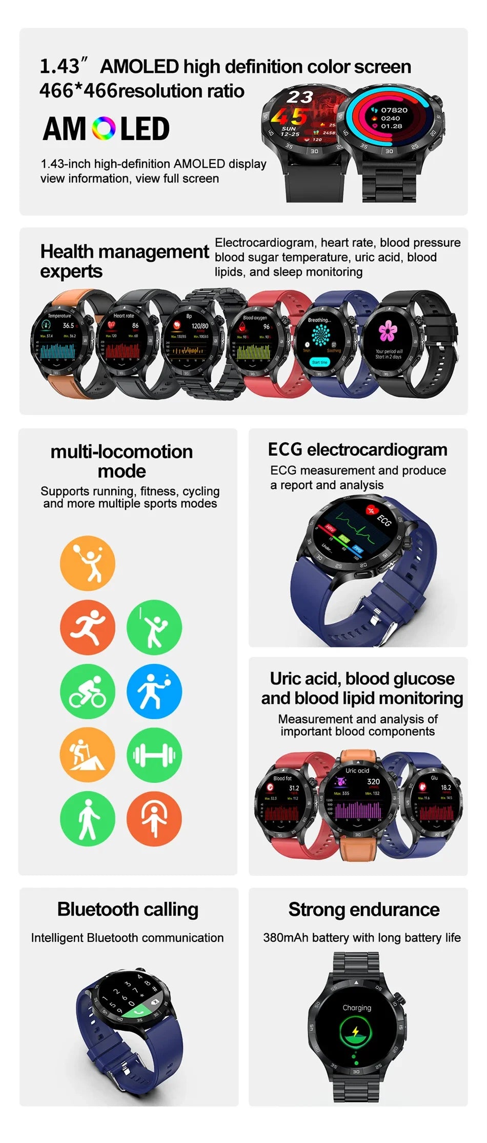 Blood Sugar Smart Watch 2024 Health Blood Lipid Uric Acid Monitor Sport Watch Smart ECG+PPG HD Bluetooth Call Men Smartwatch SOS