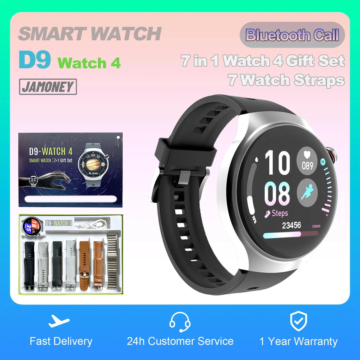 2024 New Smartwatch D9-Watch 4 with 7 Straps For Men Business Bluetooth Call Round Screen Smart Watch Women Gift D9 watch4