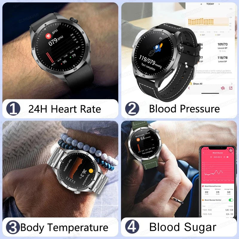 2024 New Blood Lipids Uric Acid Blood Glucose Smart Watch Men ECG+PPG Fitness Tracker Clock Heart Rate Bluetooth call Smartwatch