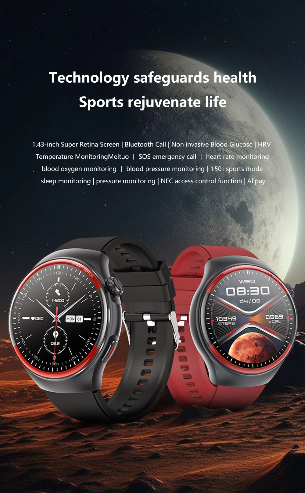 2024 Smart Watch Men Super Retina Screen Bluetooth Calling Health Monitor Temperature Smartwatch 530mAh Big Battery NFC SOS New