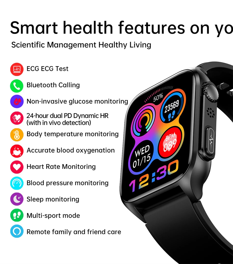 2024 New Non-invasive Blood Sugar Smartwatch Men Voice Calling Wristwatch Body Temperature Stress Test ECG+PPG Waterproof Watch