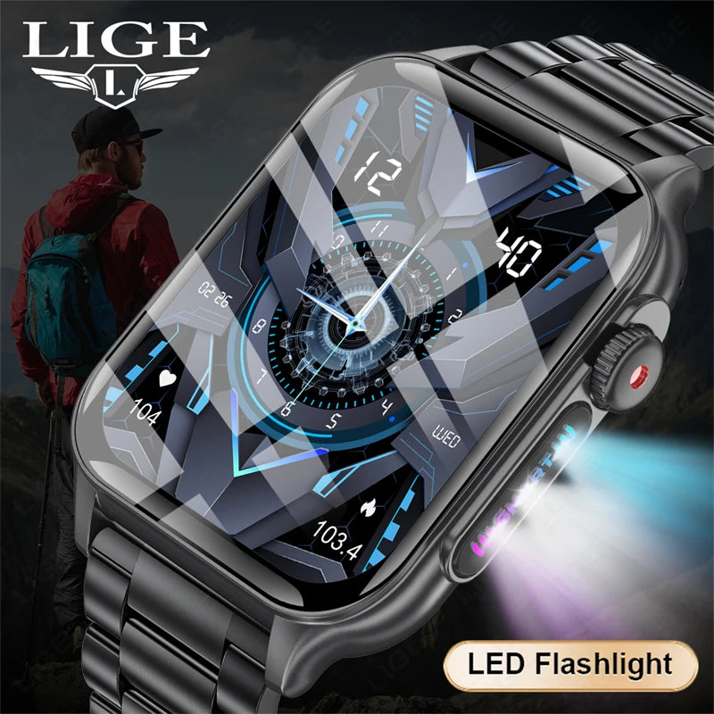 LIGE 1.96'' HD Screen Women Smart Watch LED Flashlight Outdoor Sport Smartwatch Men Alarm Function Health Bracelet 2024 New+Gift