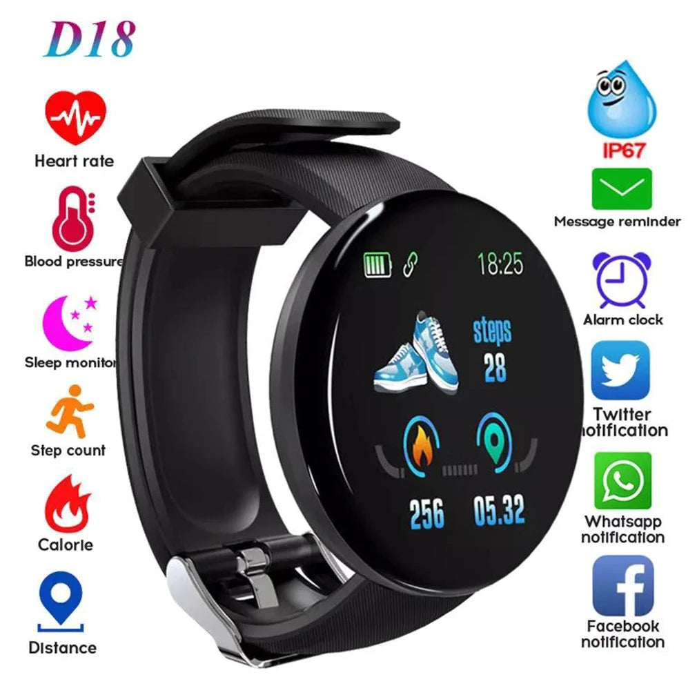 Reloj D18 Round Smart Watch 2024 Heart Rate Smartwatch Men Women Blood pressure Step Stopwatch Android Smart Bracelet Amazfit