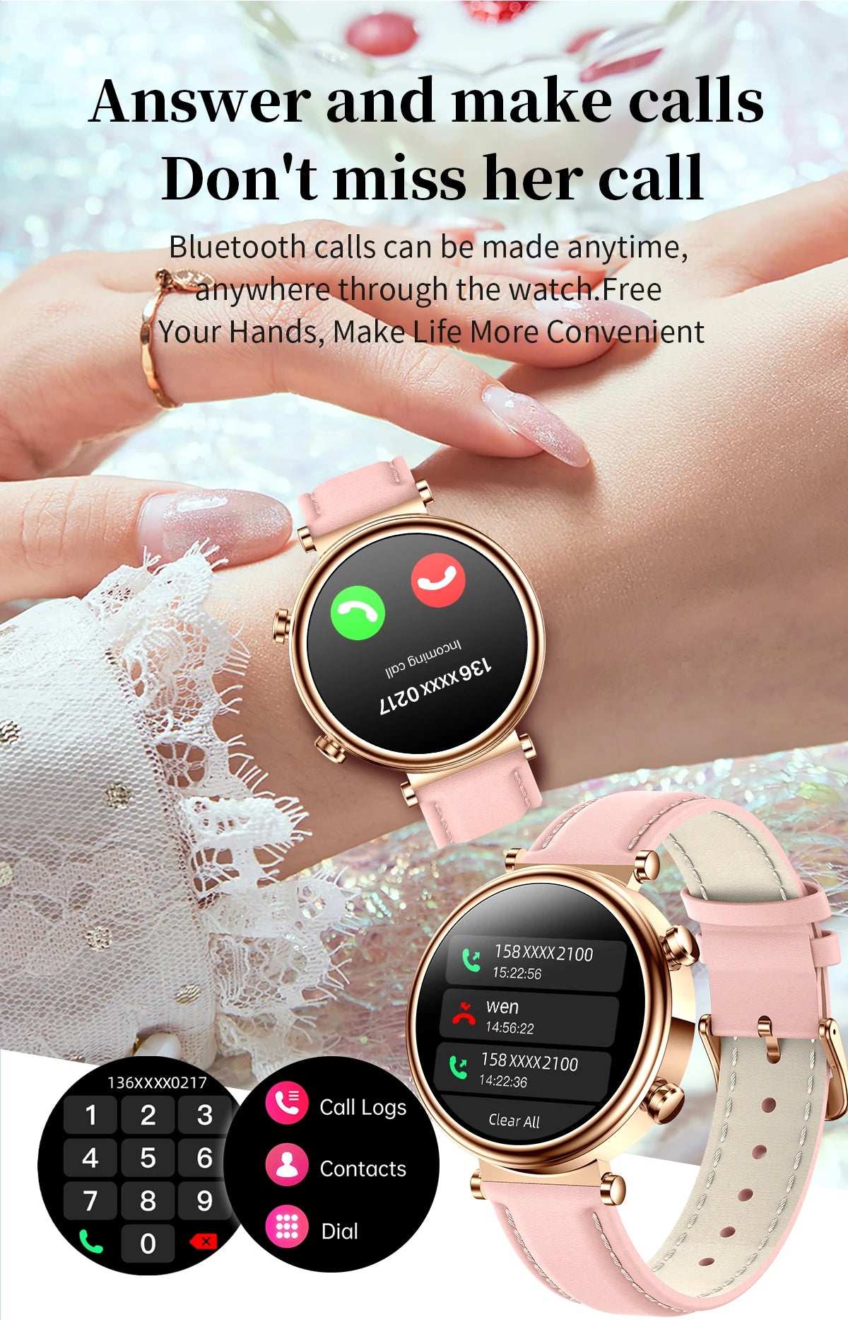 2024 Fashion Smart Watch for Women Lady Health Monitoring 1.27inch Screen IP68 Waterproof BT Calling Diamond Fashion Smartwatch