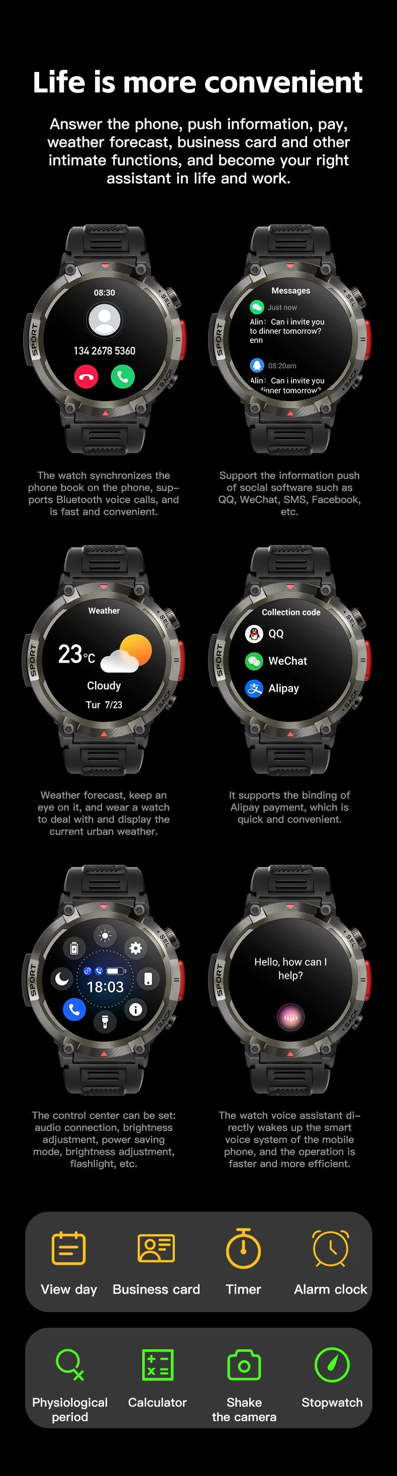 2024 New Smartwatch with Illuminated Flashlight Bluetooth Phone APP Download Waterproof Sports Watch for Men for Xiaomi Huawei