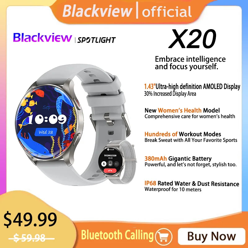 New 2024 Blackview X20 Smart Watch 1.43” HD AMOLED Display Bluetooth Calls Smartwatch for Men Women Health and Fitness Tracking