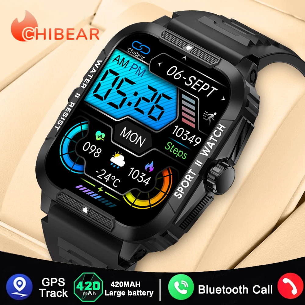 GPS 1.96" Outdoor Military Smartwatch Men Bluetooth Call Smart Watch Women 3ATM IP68 Waterproof Sports Fitness Watches 2024 New