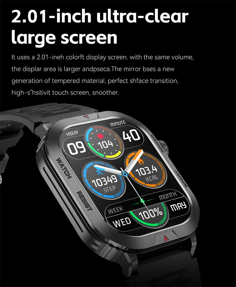 2024 New Rugged Military Smart Watch Men For Xiaomi Android IOS Fitness Watches Waterproof 2.01 inch Bluetooth Call Smartwatch