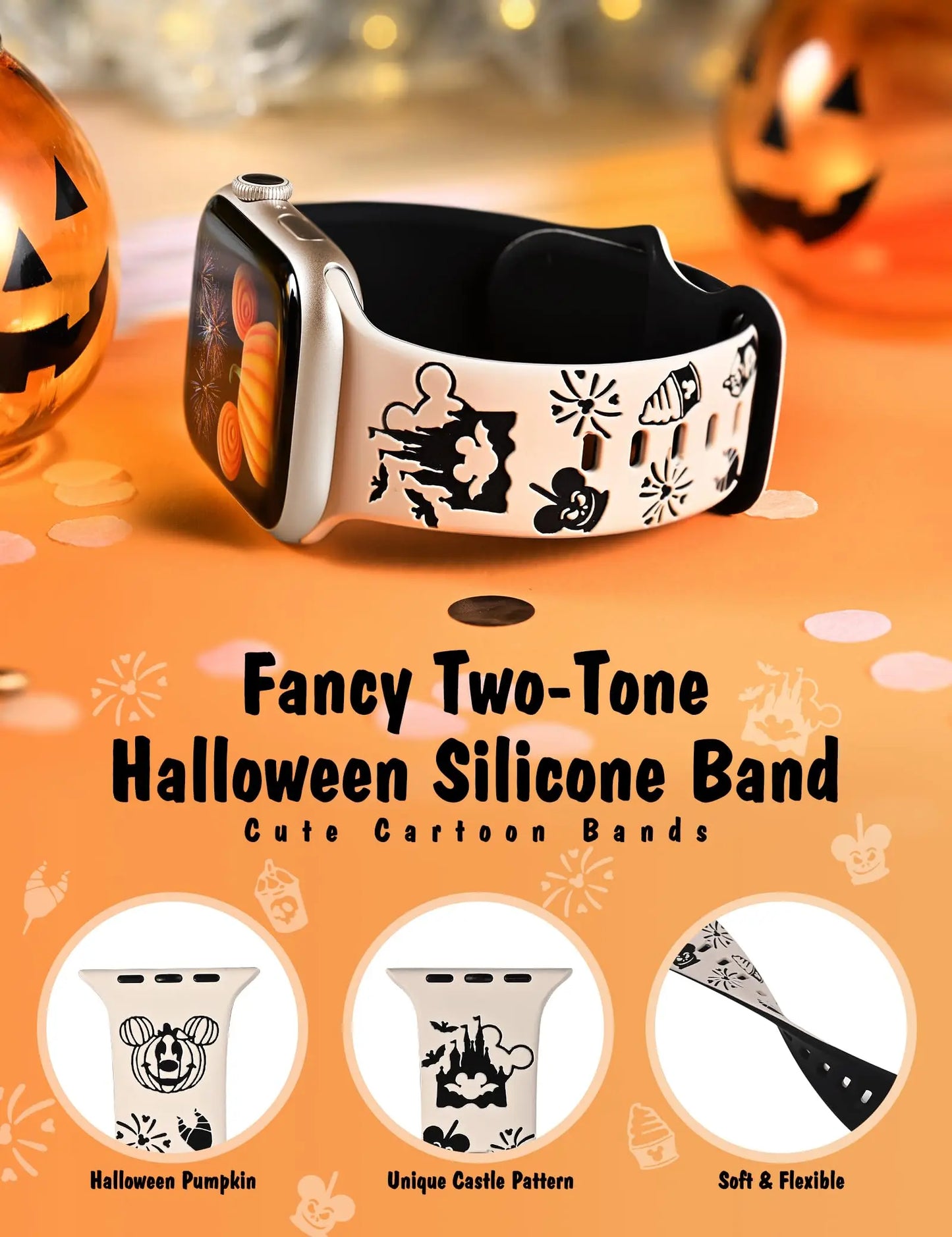 Wearlizer Halloween Cartoon Band for Apple Watch Band 41/40/49/45/44/42mm Two-Tone Silicone Strap for iWatch SE 9 8 7 6 5 Ultra