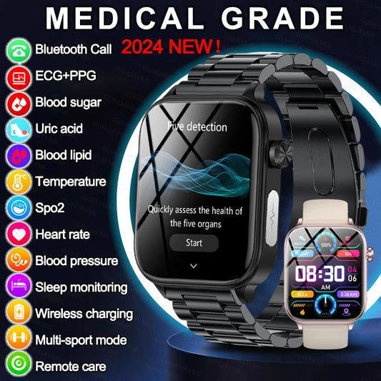 2024 New Blood Lipids Uric Acid Blood Glucose Medical grade Smart Watch For Men ECG+PPG Bluetooth Call Health Tracker Smartwatch