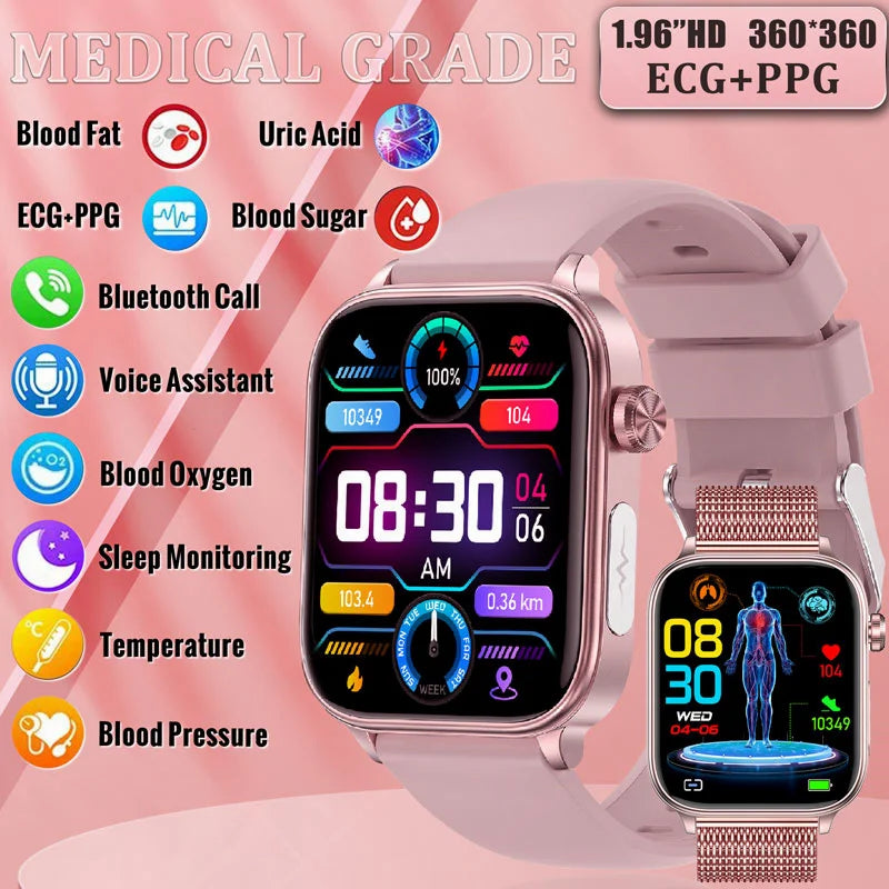 2024 New ECG PPG Smartwatch Ladies Uric Acid Watches  Blood Glucose Heart Rate Pressure Bluetooth Call Smart Watch Women for Ios