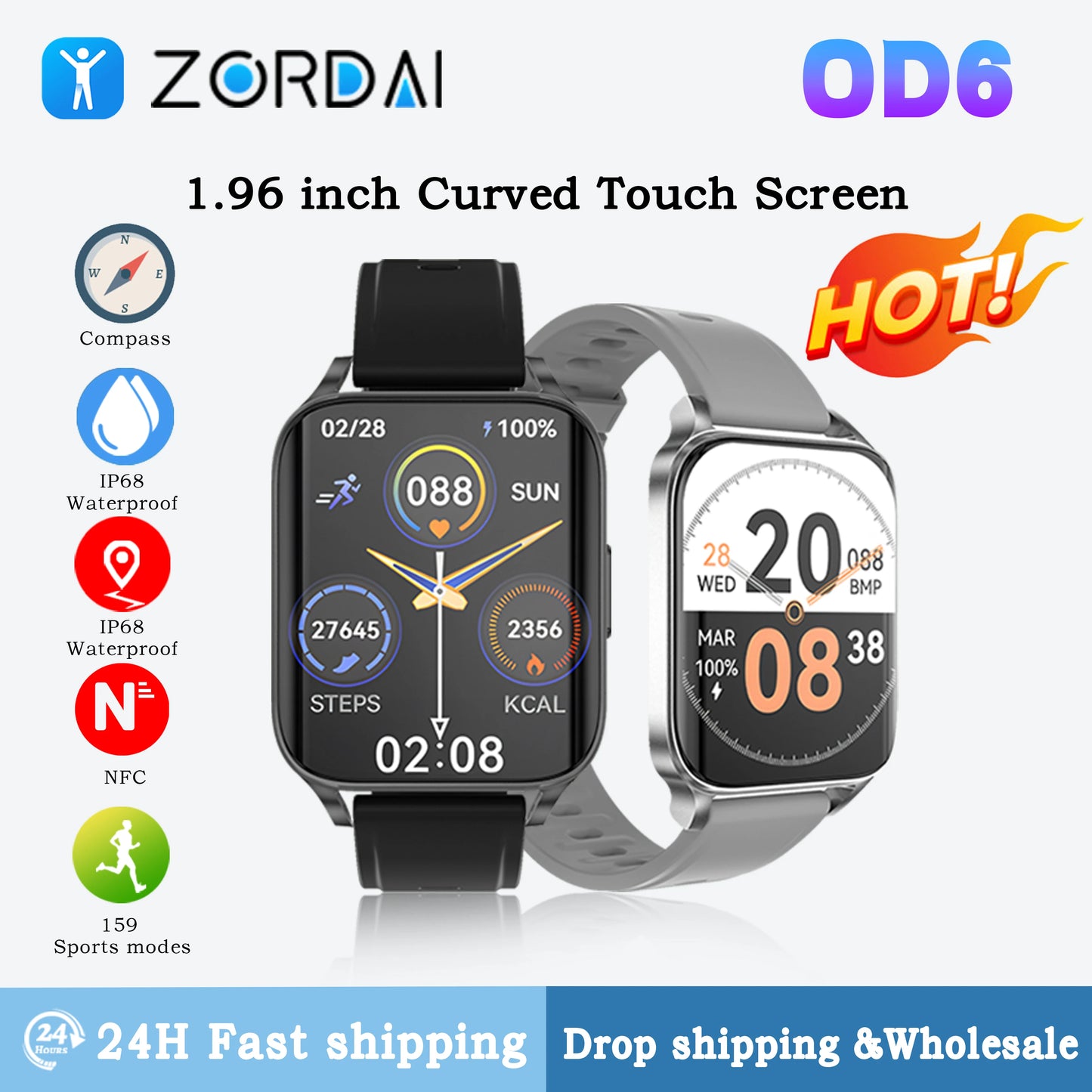 Zordai OD6 Smart Watch for OPPO watch 3 BT Call NFC Curved Touch Color Screen Heart Rate IP68 Waterproof SmartWatch for Women