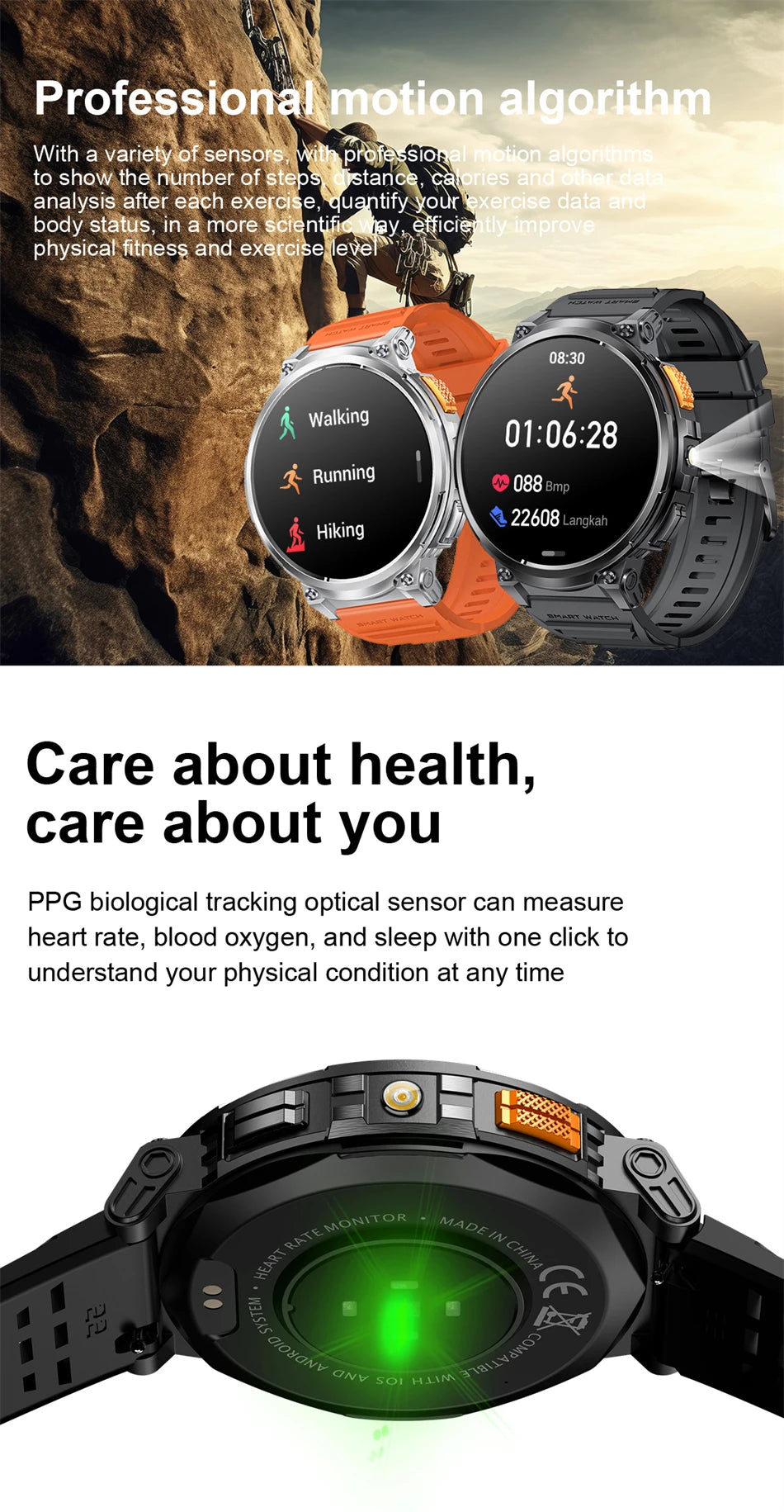 2024 Smart Watch Men 1.85'' Screen Outdoor Sport Heart Rate Flashlight Watch 730mAh Battery Waterproof Wireless Call Smartwatch