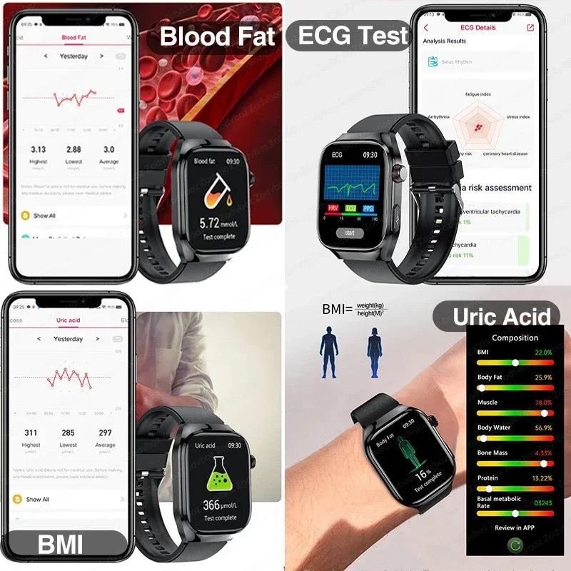 2024 New Medical Grade Health Smart Watch for Women Men Blood Sugar Fat Uric Acid Monitoring HD AMOLED Bluetooth Call smartwatch