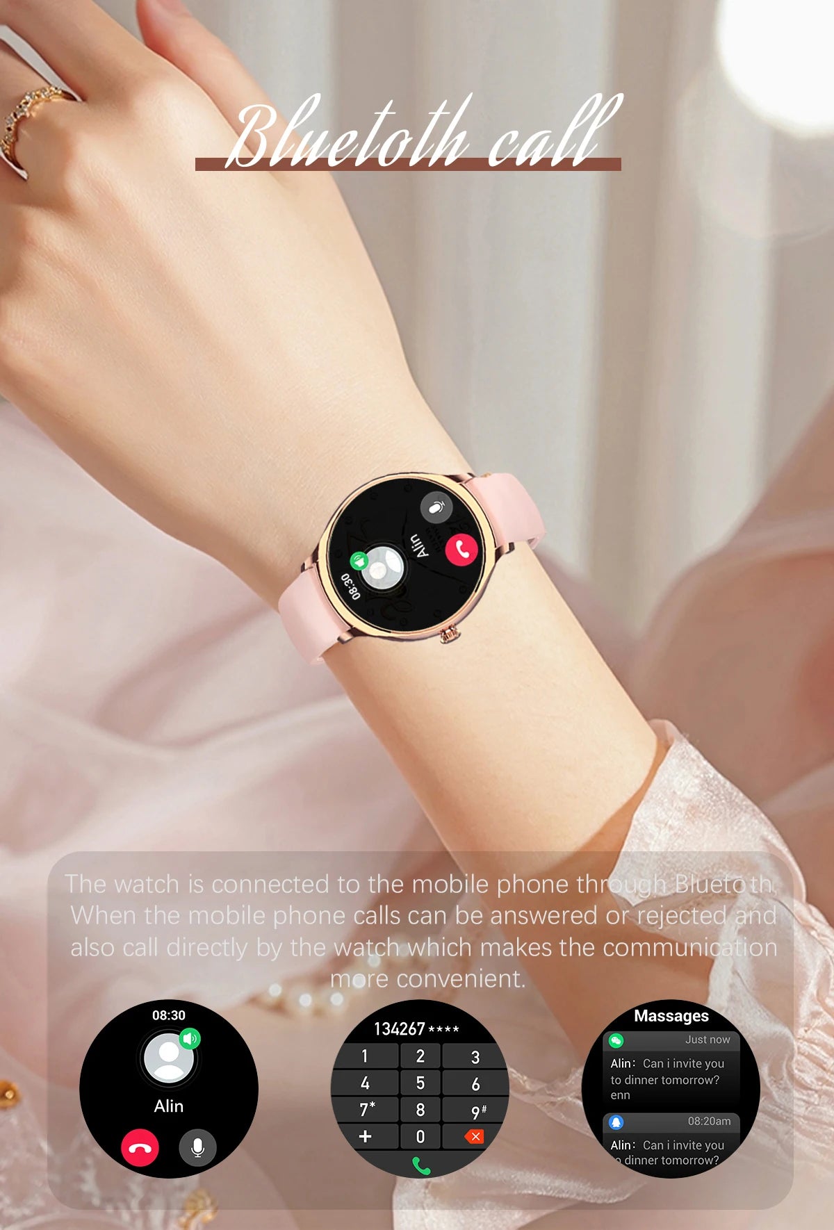 2024 Fashion Smart watches for Women Amoled screen Heart Rate IP68 Waterproof Android Round Shape  Digital BT call smart Watch