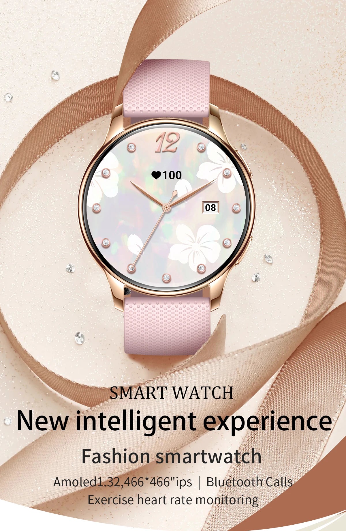 2024 Fashion Smart Watch for Women Lady Health Monitoring 1.32inch Screen IP67 Waterproof BT Calling Diamond Fashion Smartwatch