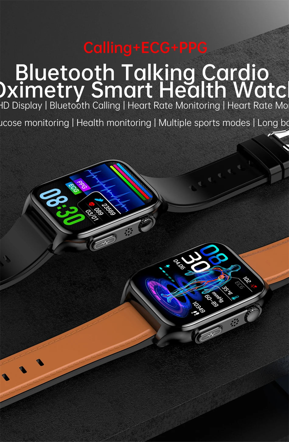 2024 New Non-invasive Blood Sugar Smartwatch Men Voice Calling Wristwatch Body Temperature Stress Test ECG+PPG Waterproof Watch