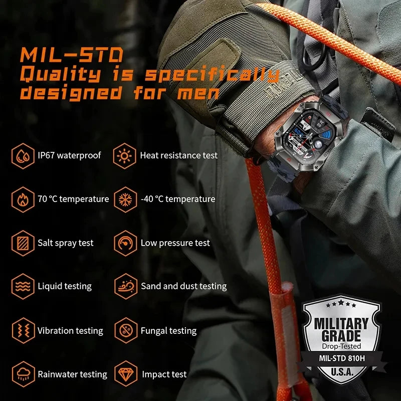 2024 New Durable Military Smart Watch Men Bluetooth Call Custom Dial IP67 Waterproof Compass Sports Smartwatch For Android Ios