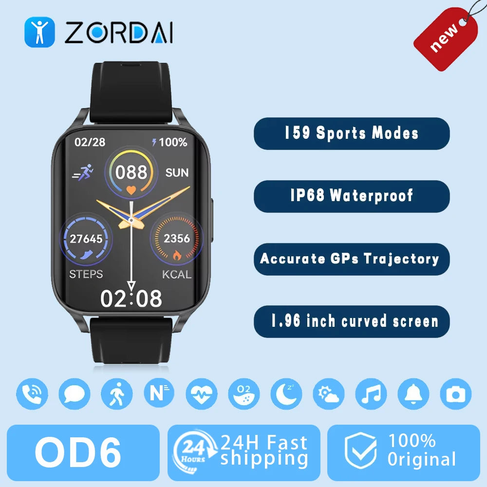 2024 Zorda OD6 Smart Watch for Men Women Bluetooth Call Curved Touch Color Screen Heart Rate IP68 Waterproof for Xiaomi 4 iphone