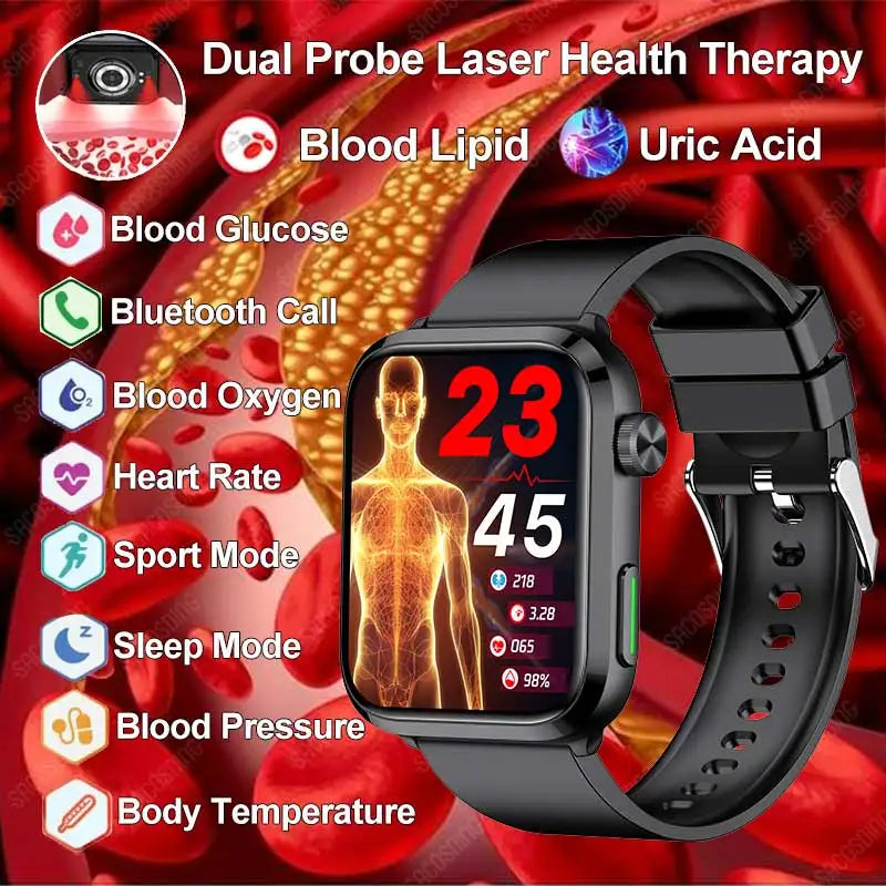 2024 New Laser Therapy Uric Acid Non invasive Blood Glucose Smart Watch Men Bluetooth Call Blood Lipid Blood Oxygen Smartwatch