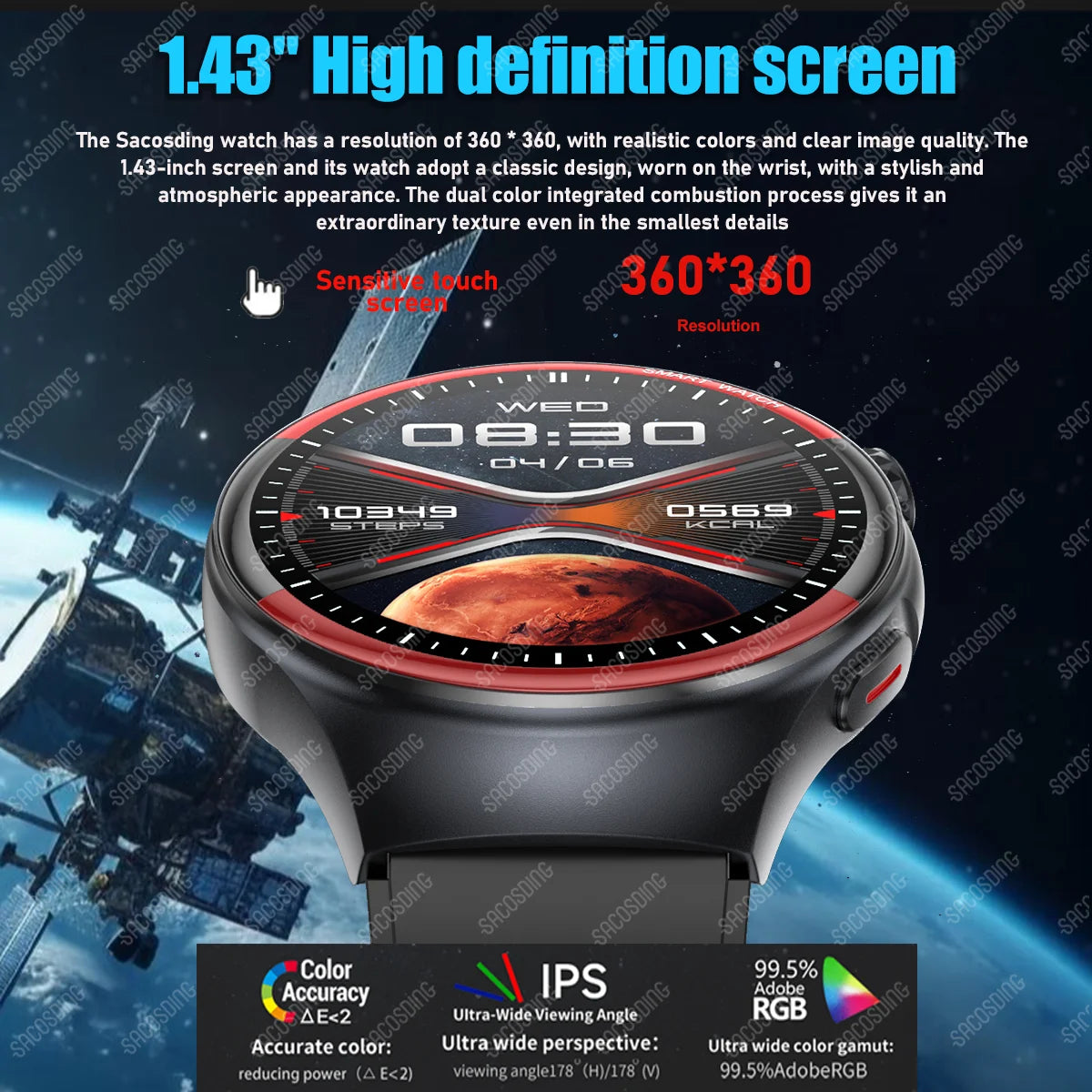 2024 Smart Watch Men Super Retina Screen Bluetooth Calling Health Monitor Temperature Smartwatch 530mAh Fitness Tracker NFC SOS