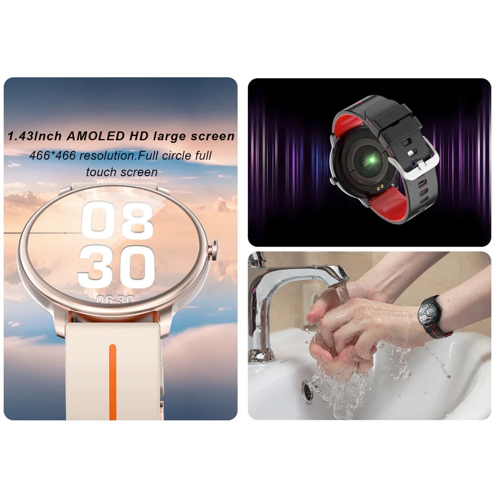 New 1.43" AMOLED Screen Blue Tooth Call Men Smartwatch Sports Fitness Heart Rate Waterproof Music Playing Women 2024 Smart Watch