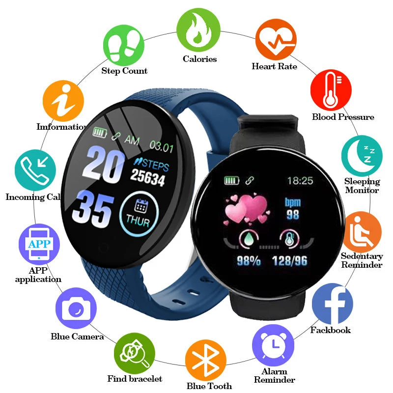 Reloj D18 Round Smart Watch 2024 Heart Rate Smartwatch Men Women Blood pressure Step Stopwatch Android Smart Bracelet Amazfit