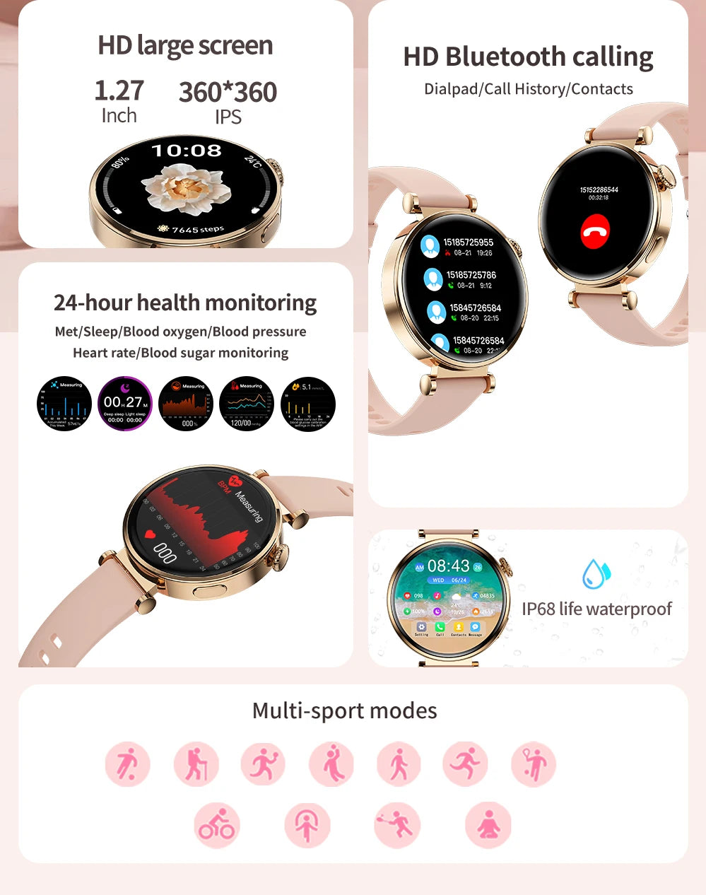 2024 New Bluetooth Call Smart Watch Women Blood Sugar Blood Oxygen Monitoring Watch 200 MAH Battery lP68 Waterproof Smartwatch