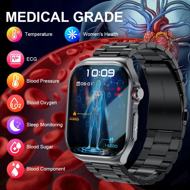 2024 ECG+PPG Smart Wtach Men AMOLED Screen AI Medical Diagnosis Healthy Watches Blutooth Call Voice Assistant Smartwatch For Men