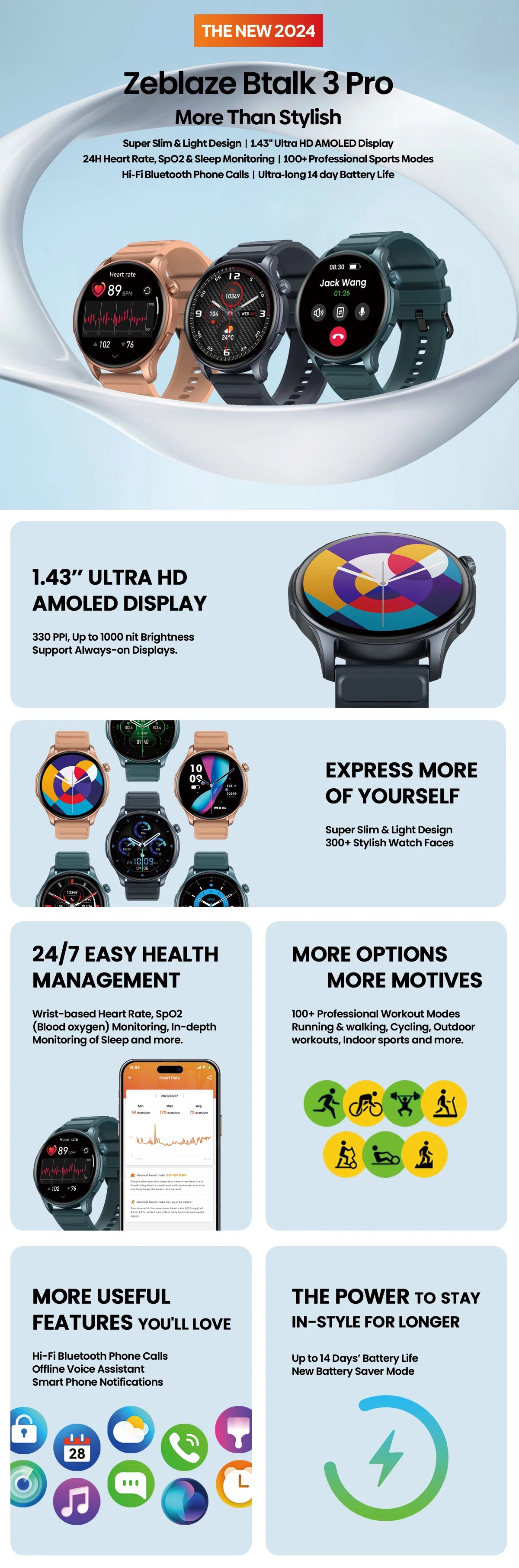 [2024 World Premiere] Zeblaze Btalk 3 Pro Smart Watch AMOLED Display Hi-Fi Bluetooth Phone Calls Health and Fitness Tracking