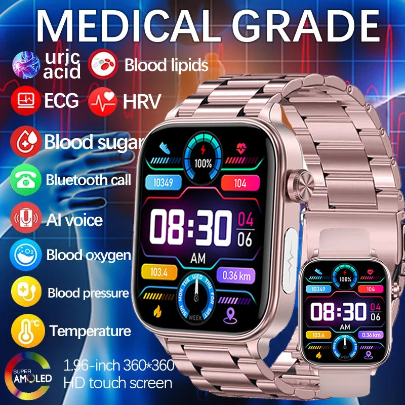 Medical Grade Smart Watch Blood Sugar Blood Fat HRV ECG+PPG Monitoring Bluetooth Call Health Smartwatch For Men Women 2024 New