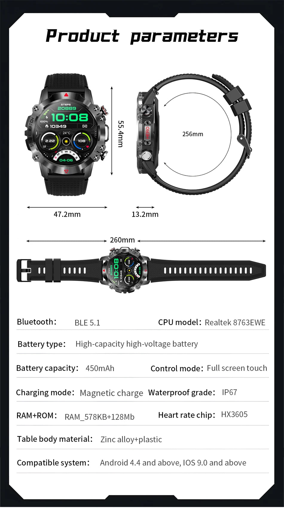 2024  AMOLED HD Screen Watch Bluetooth Call Smartwatch Waterproof Outdoor Sports Tracker 450 mA Battery fashion Men Smart Watch