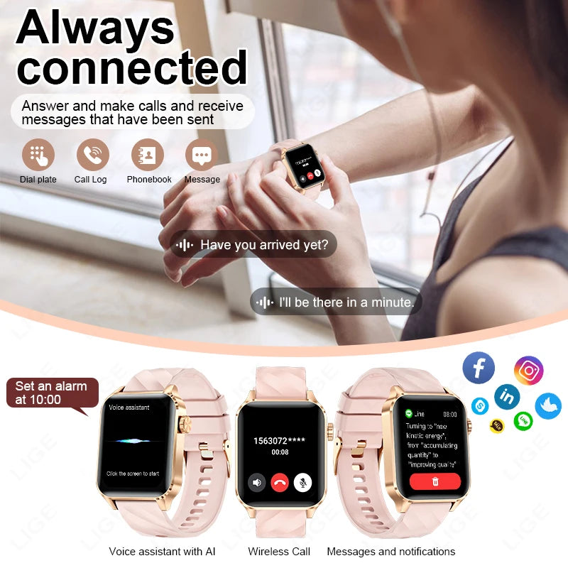 LIGE Smart Watch Women 1.85'' HD Screen Blood Pressure Oxygen Health Monitoring Bluetooth Call Waterproof Men's Smartwatch 2024