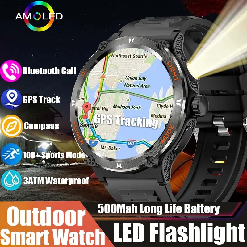 ONEGRA 2024 New Men Outdoor Military smartwatch LED Lighting Bluetooth Call 500 Mah GPS Track 3ATM Waterproof Compass Smartwatch