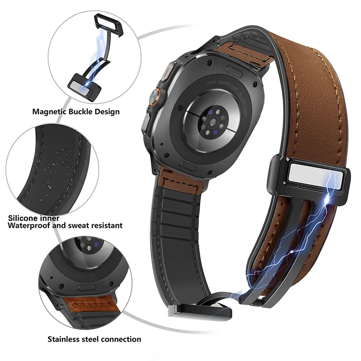 Leather Band for Samsung Galaxy Watch 7 Ultra 47mm Magnetic Strap Men Silicone Bracelet for Galaxy 7 Ultra 47mm Quick Fit Correa