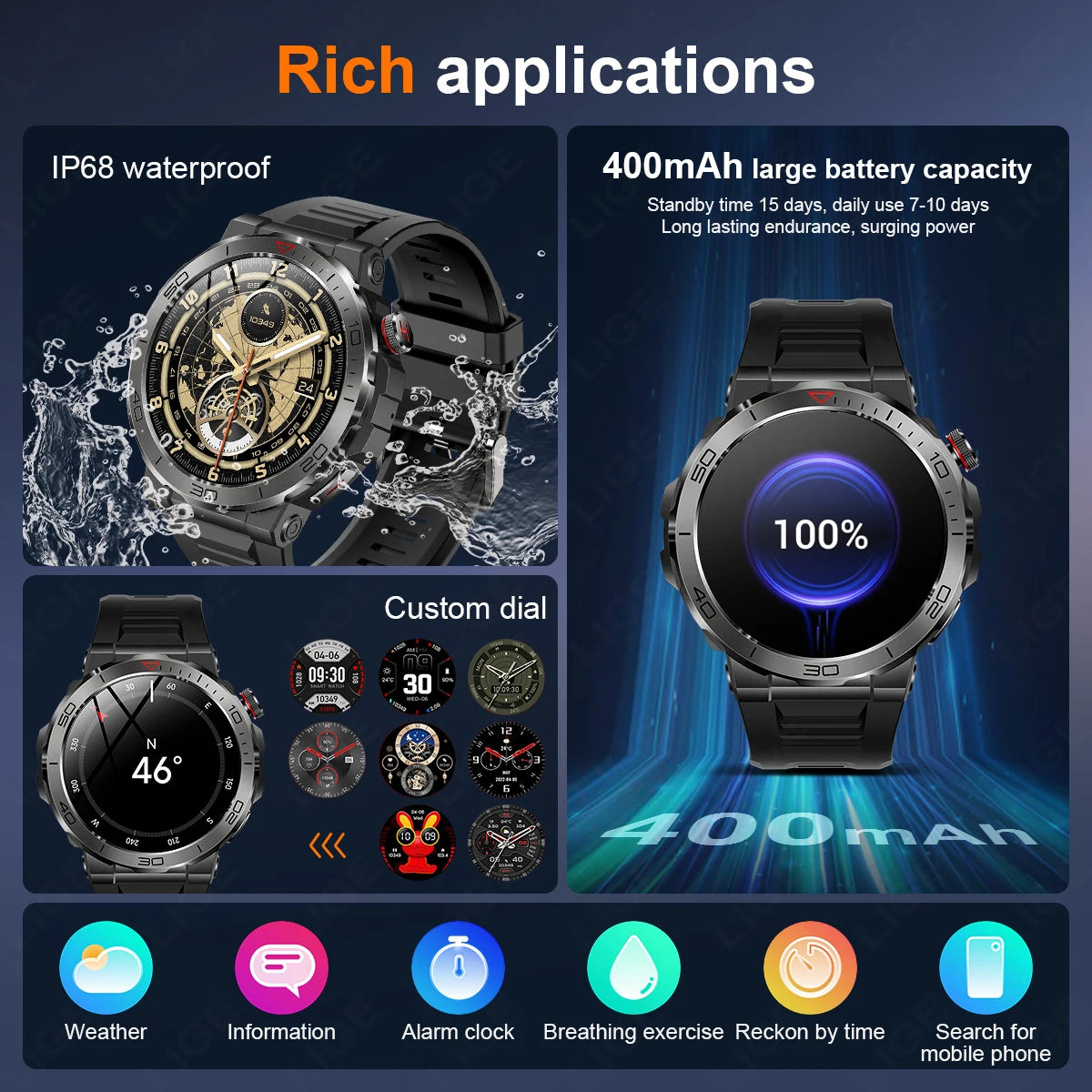 LIGE Men Smart Watch Compass Military IP68 Waterproof Watches Bluetooth Call Health Monitoring Outdoor Sport Smartwatch 2024 New