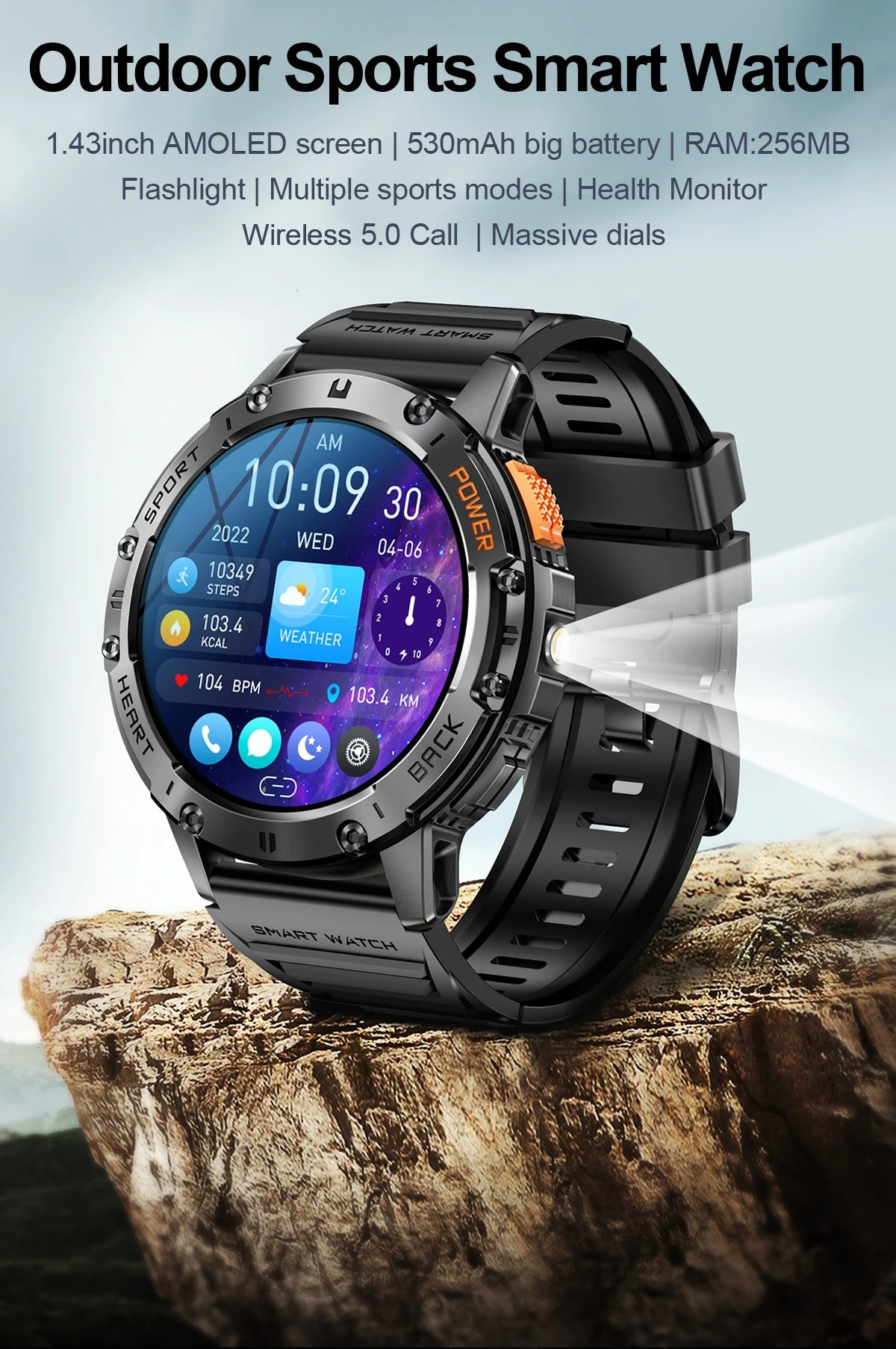 LIGE Outdoor Smartwatch For Men Bluetooth Call 530mAh Battery Flashlight AMOLED Watch Screen Sports Waterproof Smart Watch 2024