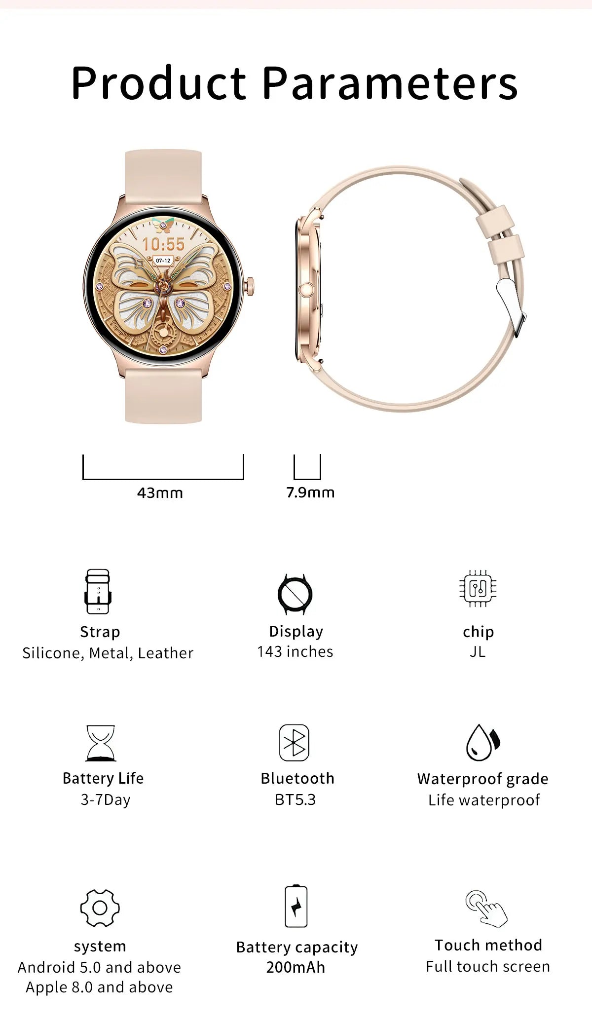 2024 New Ultra Thin Women Smart Watch 1.43" AMOLED 466*466 HD Pixel Display Always Show Time Call Reminder Smartwatch Ladies+Box