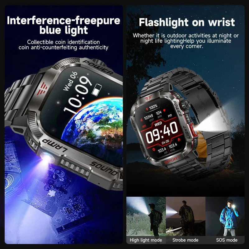 2024 Smarthwhatch Flashlight Outdoor Sports Smart Watch Men Women 600mah reloj hombre Compass Bluetooth Music 2.01'' Smartwatch