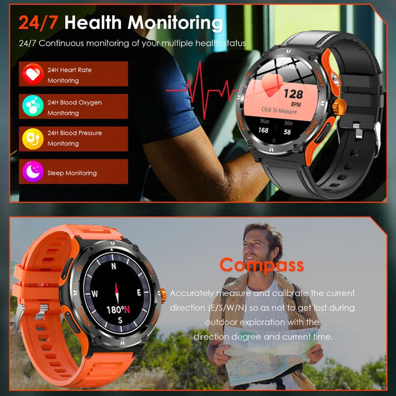 2024﻿ New For Xiaomi Military grade Outdoors Smart Watch Men LED Light Compass 3ATM Waterproof Bluetooth Call Fitness Smartwatch