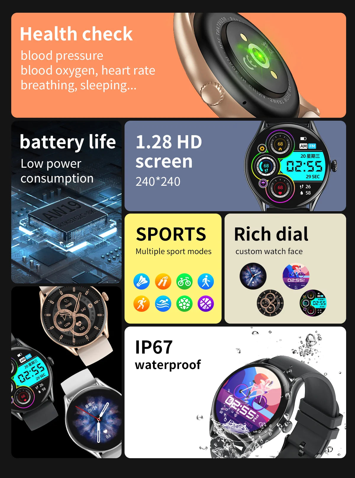 Smartwatch Watch for Women Elegant 2024 Korean Support Smart Watches Waterproof Aiweile AW19  for Huawei Xiaomi Fitness Bracele