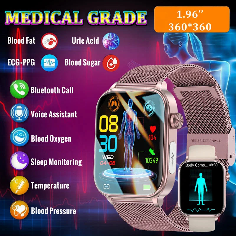 2024 New Medical Grade Smart Watch Women Blood Glucose Watches Uric Acid AI Detector Women Menstrual Health Tracker Smartwatch