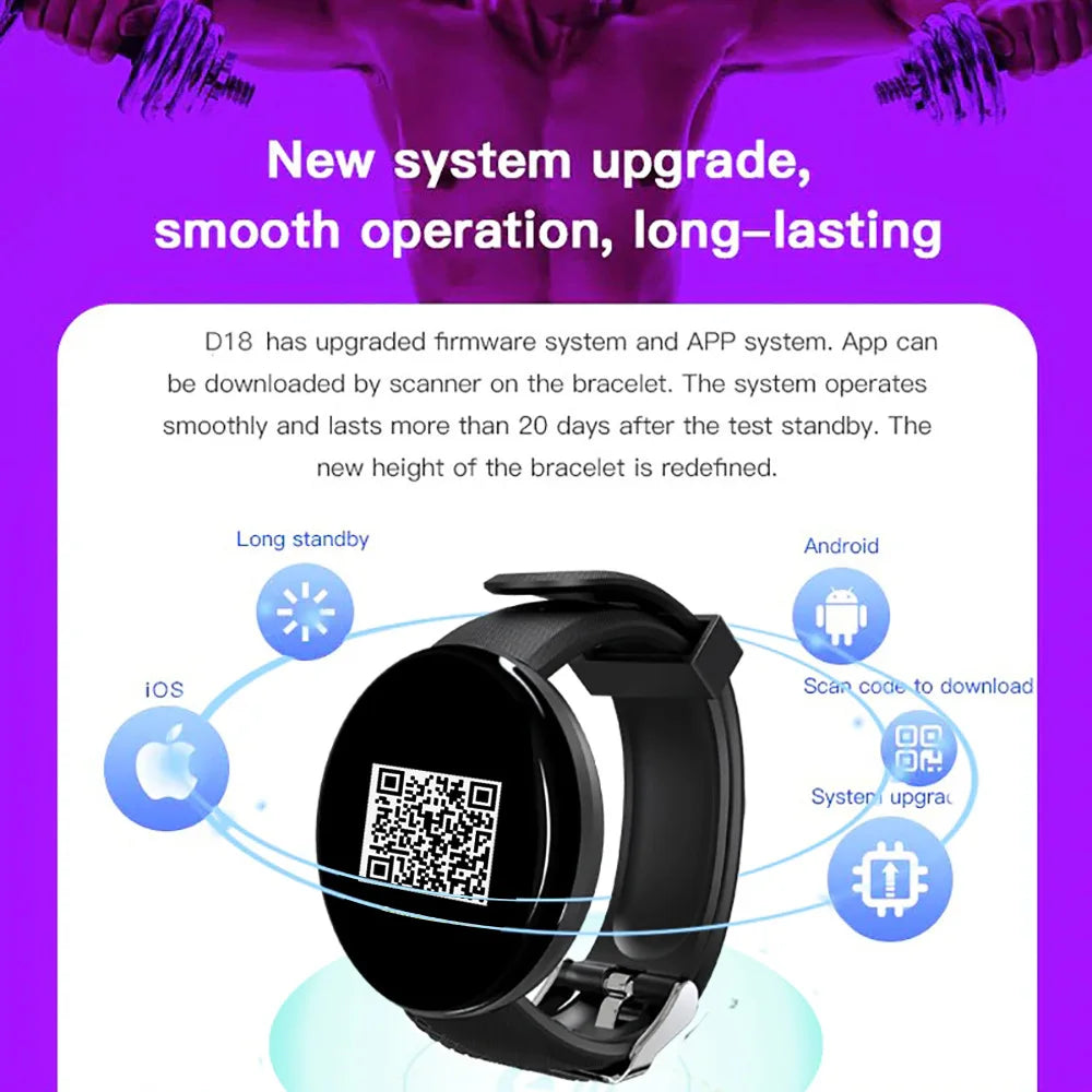 D18 Smart Watch Men Women Smartwatch Bracelet Heart Rate Blood Pressure Fitness Tracker Sport Smartband For IOS Android Y68 116