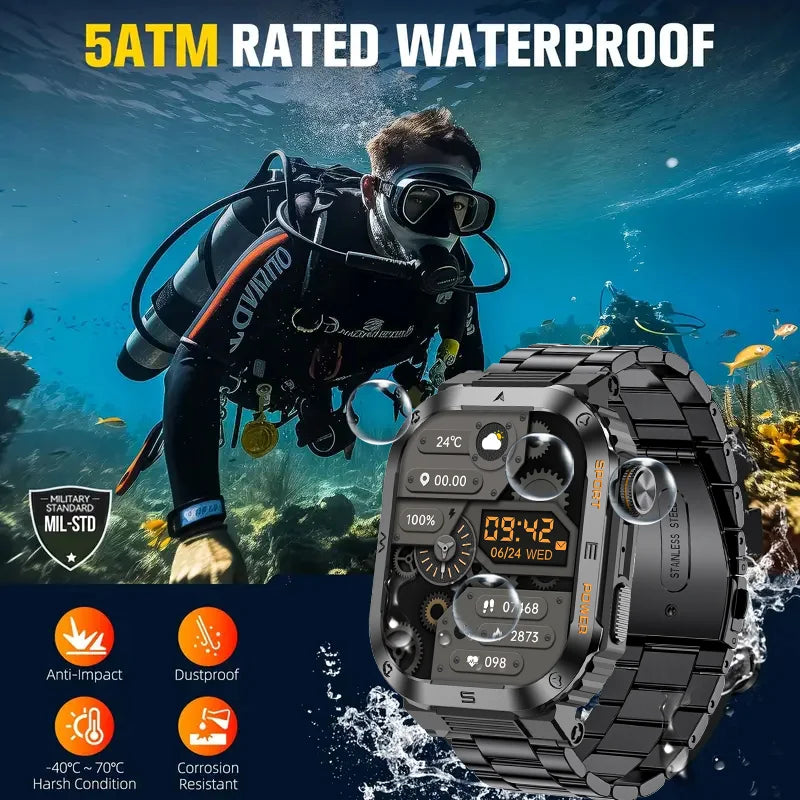 Rugged Military Smart Watch Men For Android IOS Ftiness Watches Ip68 Waterproof 2.05'' AI Voice Bluetooth Call Smartwatch 2024