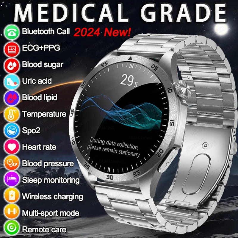 2024 New Medical grade Uric Acid Blood Glucose Smart Watch Men ECG+PPG Blood Lipids Bluetooth Call Health monitoring Smartwatchs