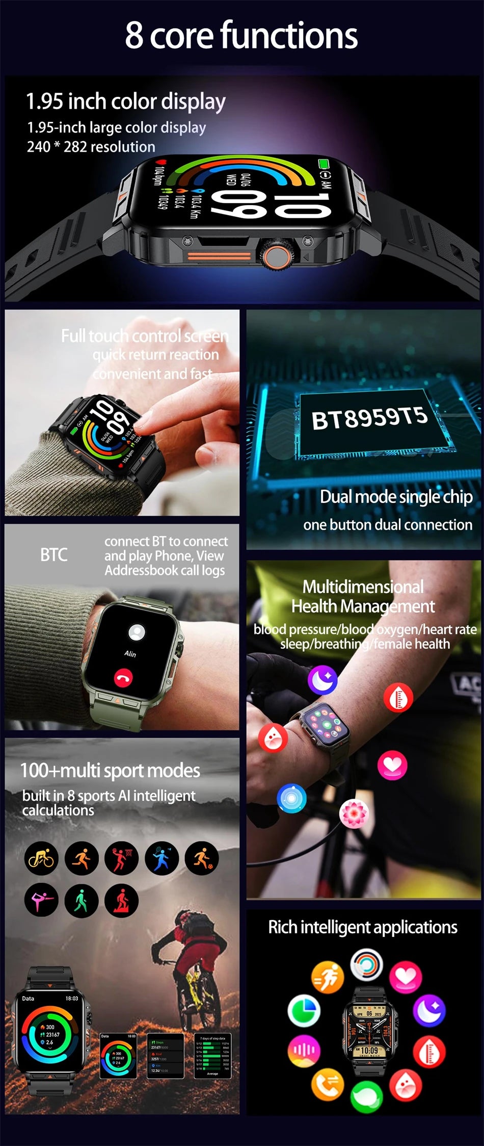 2024 New Smartwatch 1.95" Screen Health Monitoring Watches IP68 Waterproof Sports Fitness Smart Watch For Men Women Reloj Hombre