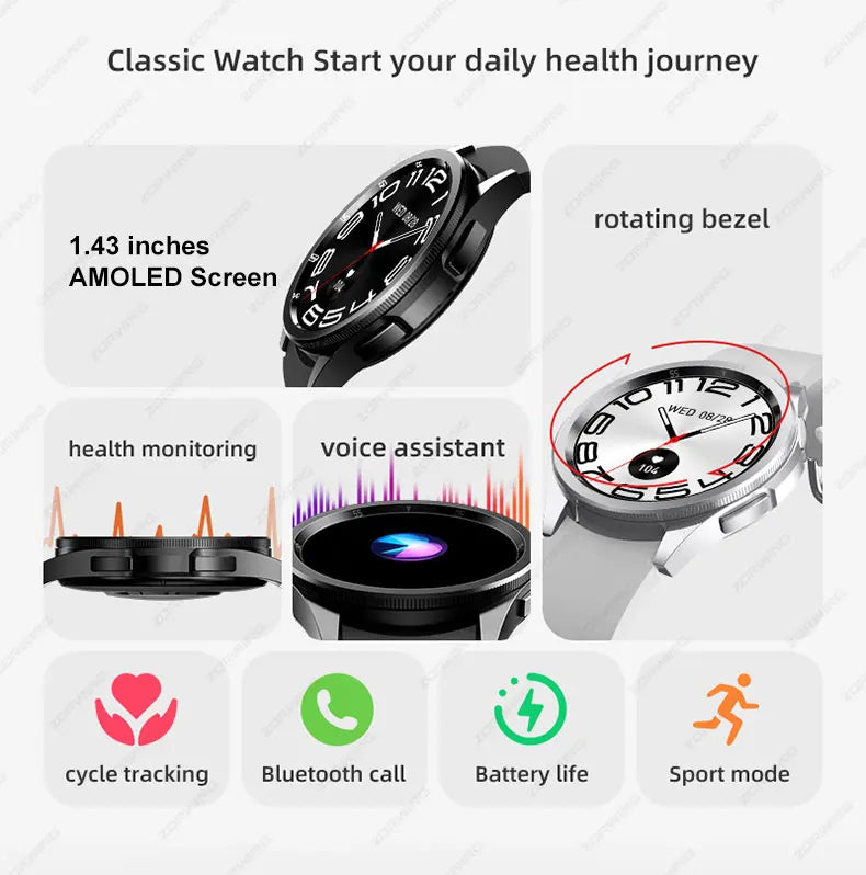 JS Watch 6 Max Classic AMOLED Smart Watch Men Rotating Bezel Compass Bluetooth Calls Heart Rate Blood Pressure Smartwatch 2024