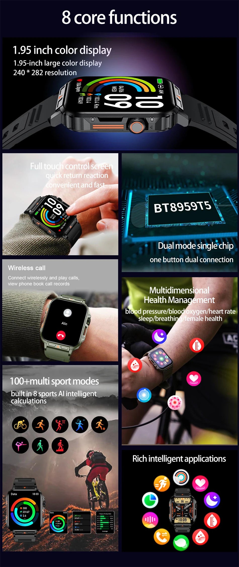 2024 Watch Outdoor Military Sport Fitness Waterproof Smart Watch Men Women Bluetooth Call Smartwatch For Xiaomi Android IOS